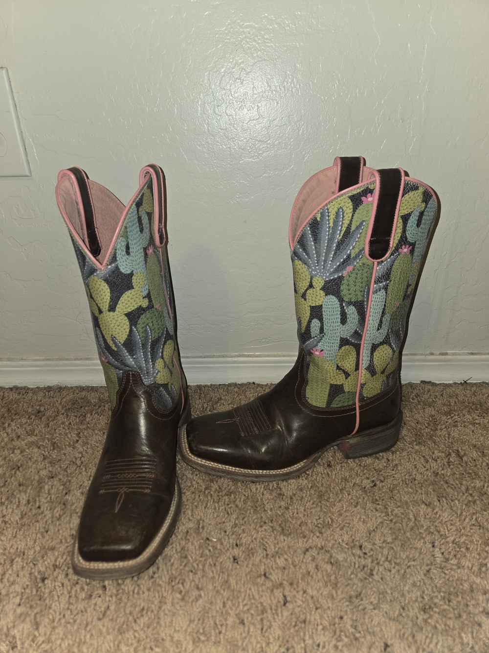 Ariat Brown Leather Cowboy Boots with Green Cactus Print and Pink Trim